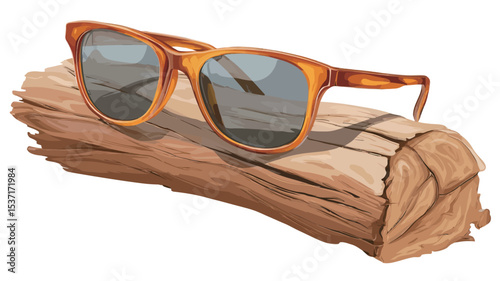 Close-up product shot of a pair of tortoise shell sunglasses resting on a piece of wood. The sunglasses have a rectangular frame and amber-toned lenses.  The wooden log is light brown with visible