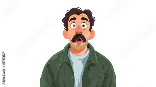 A digital illustration of a cartoon man's face and upper body.  The man has dark brown, curly hair, a prominent mustache, and is depicted with a surprised expression��wide eyes and an open mouth. He