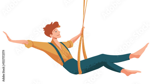A digital illustration depicting a young person with reddish-brown hair, wearing a mustard yellow shirt and teal pants with suspenders, swinging on two long, yellow fabric straps against a white