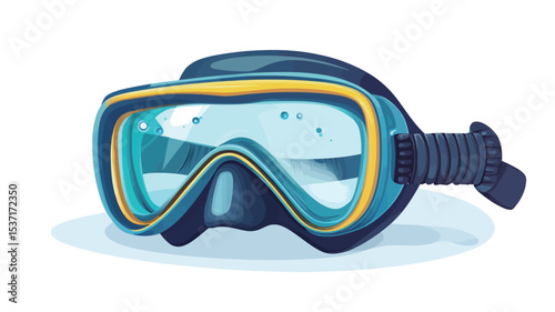 A digital illustration of a diving mask. The mask is predominantly blue with a yellow trim around the lens area. The mask's lenses appear clear, suggesting the ability to see through them