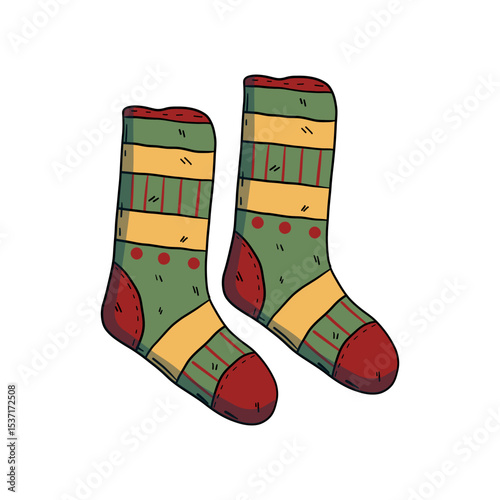Warm knitted socks, isolated design element, hand-drawn in doodle style, suitable for concepts: cozy autumn and winter, Christmas themes, children’s thematic projects
