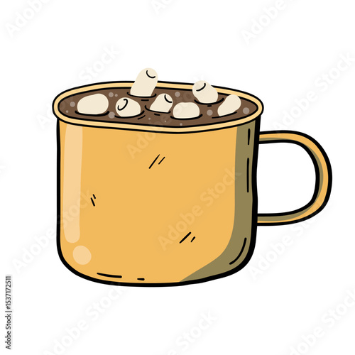 Hot cocoa with marshmallows in a yellow mug, outline illustration in doodle, hand-drawn. Isolated design element on a white background. Cozy and warm concept, for autumn, winter, Christmas projects