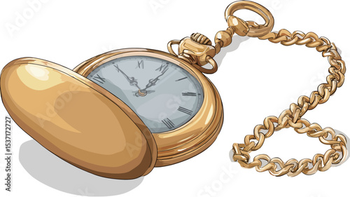 A digital illustration depicting a gold pocket watch with its cover open, revealing a light-blue clock face with Roman numerals.  The watch is shown from a three-quarter perspective