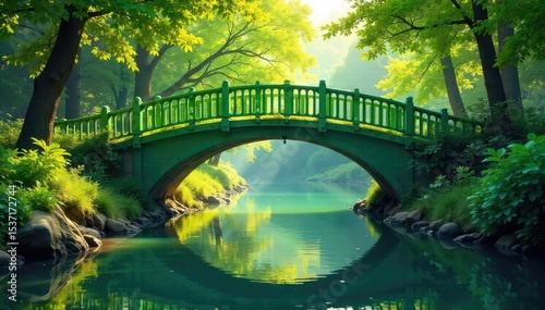 A vibrant green bridge arches gracefully over a tranquil waterway, surrounded by lush foliage and reflecting sunlight The scene evokes peace and natural beauty , nature, pathway photo