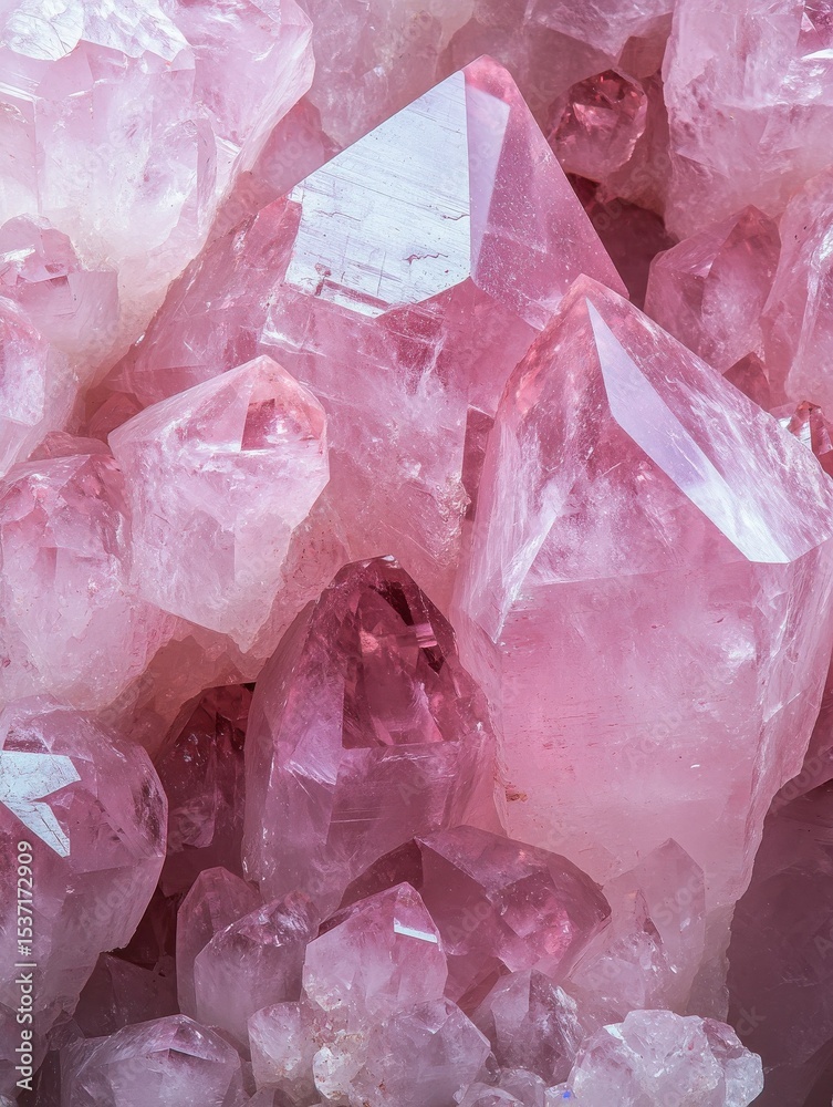 Fototapeta premium Close-up of rose quartz crystal formation with soft pink tones, intricate crystalline structure, raw mineral surface, detailed natural patterns