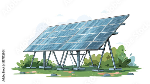 A digital illustration depicting a solar panel array mounted on a metal framework. The panels are rectangular and dark blue, showing a grid-like pattern.  The framework is metallic gray and