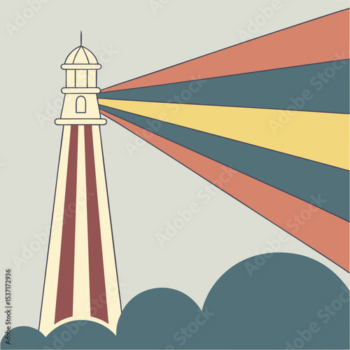 Retro Style Lighthouse Illustration Cream Beige Red Teal Yellow Light Beams Coastal Scene