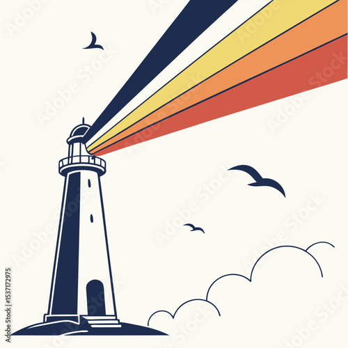 Retro Style Lighthouse Illustration with Multicolored Rays Birds and Clouds vintage