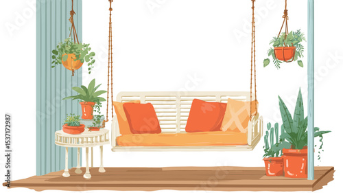 A digital illustration depicting a cozy patio scene. The focal point is a woven swing seat with orange cushions, hanging from the ceiling.  Surrounding the swing are various potted plants and