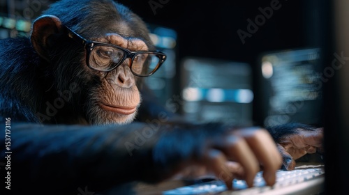A chimpanzee wearing glasses types on a keyboard in a dark tech-filled room, resembling a programmer at work.