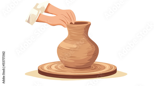 The image shows a pair of hands shaping a light brown clay pot on a pottery wheel. The pottery wheel is a circular wooden platform with visible concentric circles. The pot is slightly wider at the
