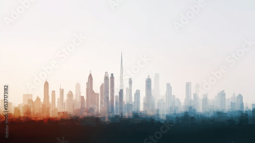 A futuristic city skyline portrayed with digital distortion, blending urban architecture with modern abstract aesthetics.
