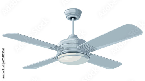 A close-up studio shot of a white ceiling fan with a built-in light kit. The fan has four blades and a simple, modern design. The background is plain white, providing a clean and uncluttered