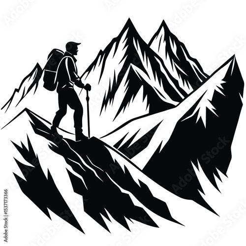 Hiker Silhouette Against Majestic Mountain Peaks A Black and White Illustration