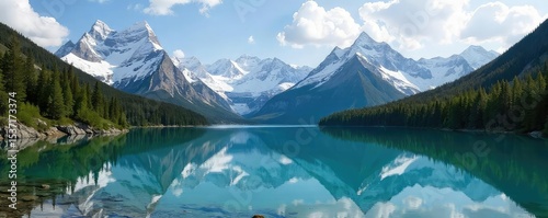 Majestic snow-capped peaks of the Canadian Rockies in Alberta, reflecting in a pristine alpine lake A breathtaking panorama of untouched wilderness , Mountain range, Hiking, Nature