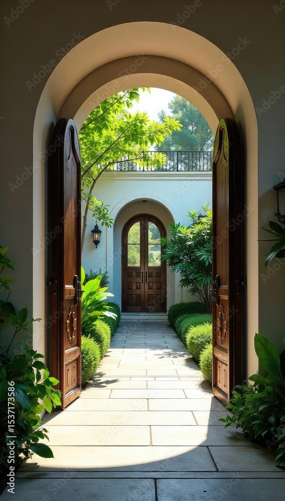 Fototapeta premium Elegant, modern gates leading to a serene interior garden Sunlight streams through, illuminating lush greenery and paving stones Perfect for architectural, design, and lifestyle projects , home, calm