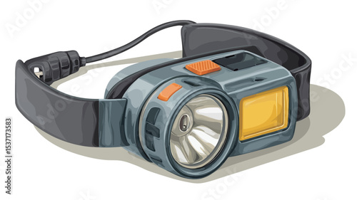 A digital illustration of a headlamp, depicted in a three-quarter view. The headlamp is primarily grey with black accents and an orange detail on the control panel.  The light is shown illuminating