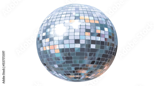 A close-up shot of a spherical disco ball against a white background. The ball is composed of numerous small, square mirrors that reflect light, creating a shimmering effect.
