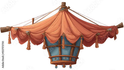 A digital illustration of an ornate hanging lantern against a white background. The lantern is primarily blue with gold trim, and features a large, draped orange fabric canopy with tassels hanging