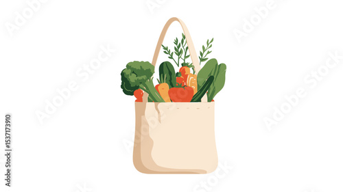 A digital illustration depicting a beige reusable tote bag filled with various fresh vegetables. The vegetables include broccoli, carrots, a cucumber, a bell pepper, a tomato
