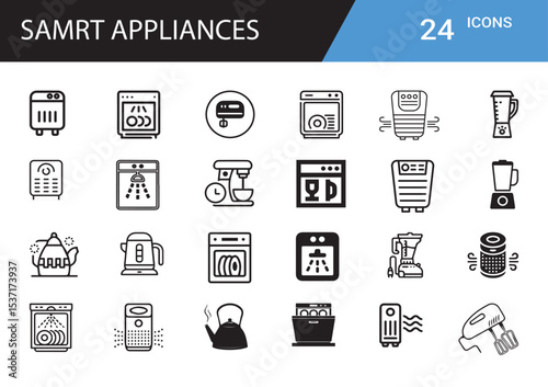 Essential Appliance Icons: A comprehensive set of minimalistic icon designs featuring various home appliances in a simple style for modern user interface.