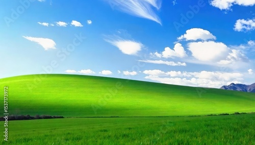 Serene vista of rolling green hills under a vibrant blue sky, dotted with fluffy white clouds; a picturesque pastoral scene perfect for idyllic backgrounds , pastoral, calm
