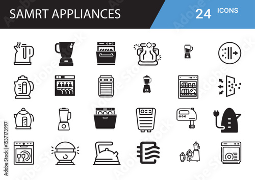 Appliances Icon Set: A set of 24 minimalistic icons, meticulously designed to represent a variety of essential household appliances, offering a clean and modern visual language