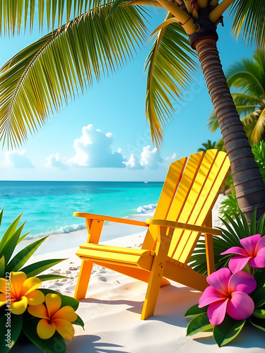 bright yellow beach chair surrounded tropical flowers coconut