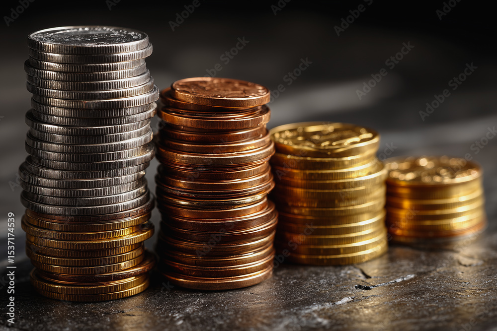 Stacks of coins representing growth and accumulation of wealth Stacks of coins representing growth and accumulation of wealth