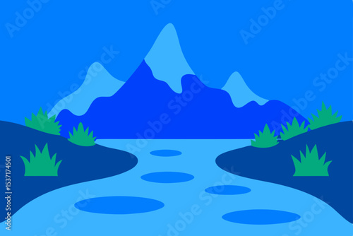 Serene Blue Mountain River Landscape A Minimalist Illustration