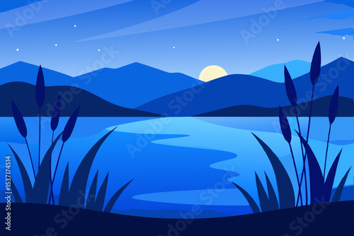 Serene Night Landscape Blue Hour Lake, Mountains, and Reeds