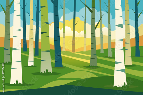 Serene Birch Forest A Sunlit Path Through Nature's Embrace