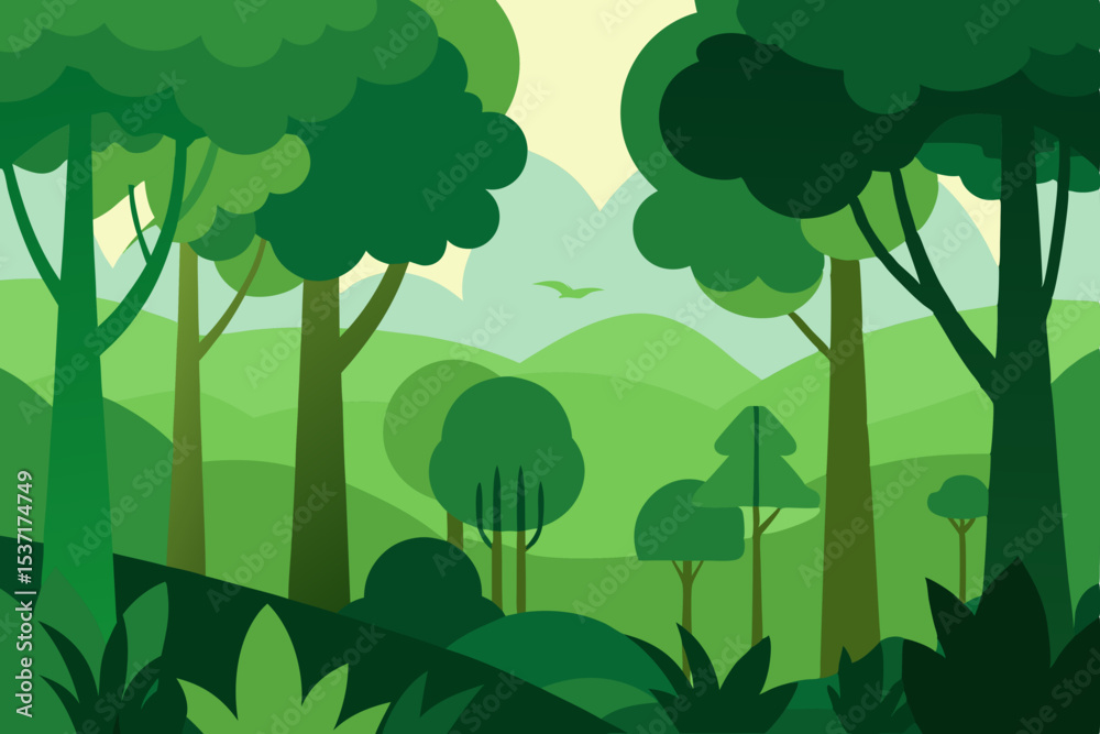 Obraz premium Lush Green Forest Landscape Tranquil Nature Illustration