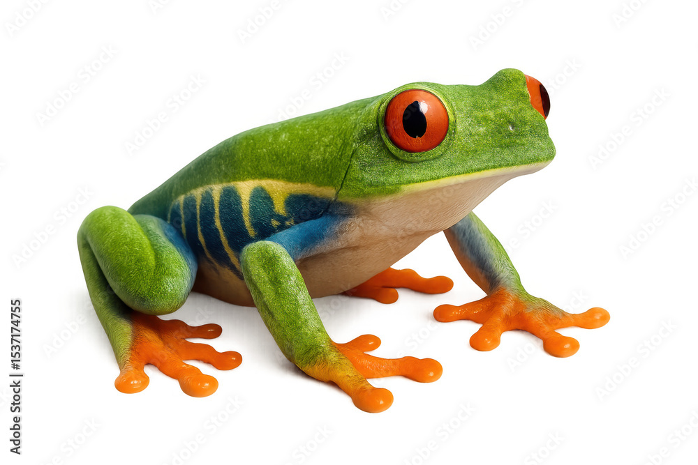 Fototapeta premium Vibrant red-eyed tree frog perching with striking green, blue, yellow, orange coloration against transparent backdrop