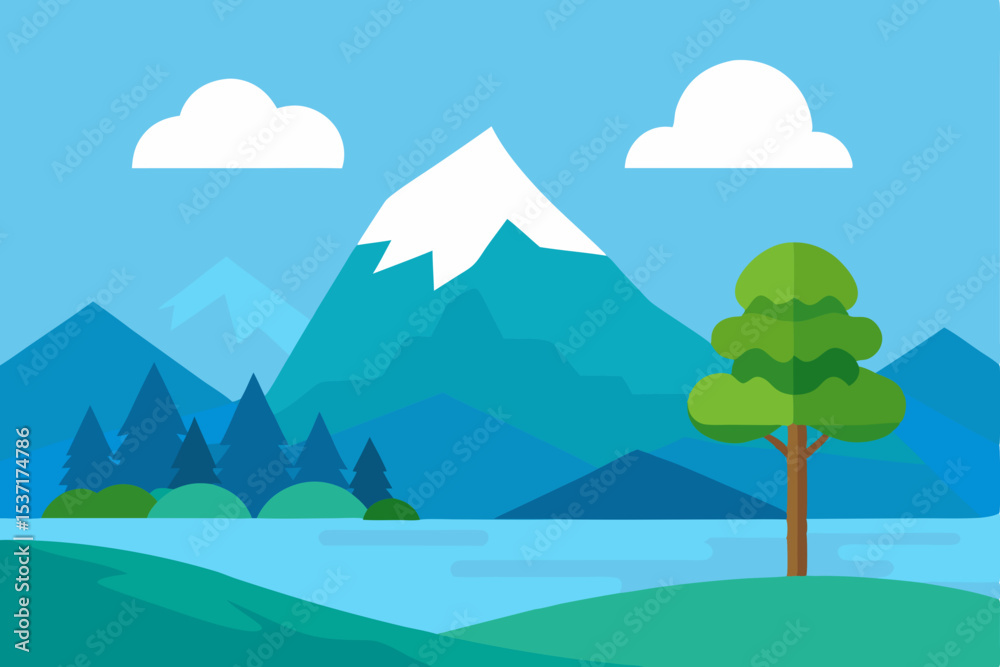 Fototapeta premium A vibrant vector illustration captures a summer mountain landscape with green trees, hills, and clouds