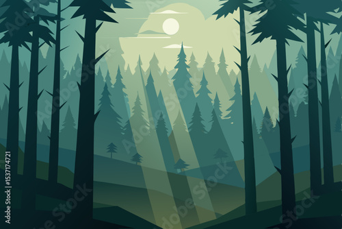 Serene Forest Landscape Sunlit Pines and Misty Mountains