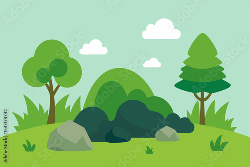 Serene Landscape Illustration Green Hills, Trees, and Rocks