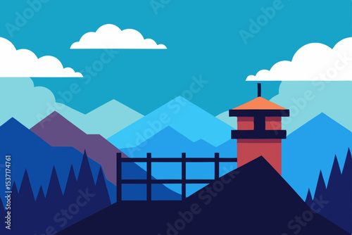 Serene Mountain Landscape Watchtower and Majestic Peaks Illustration
