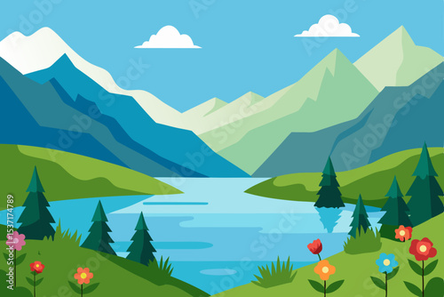 Nature's summer view: a vibrant green meadow with blue sky and white clouds, featuring an illustration of a forest with snow-capped mountains and a tranquil lake