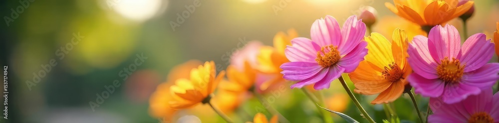 Fototapeta premium Close-up of vibrant, blooming flowers, gently swaying in a soft breeze, capturing the essence of fresh, floral air Perfect for spring, nature, and wellness themes , breeze, scent, soft