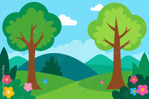 A vibrant cartoon illustration depicts a serene spring countryside landscape with a tree, rolling green hills, and a bright blue sky filled with fluffy clouds, embodying the beauty of nature