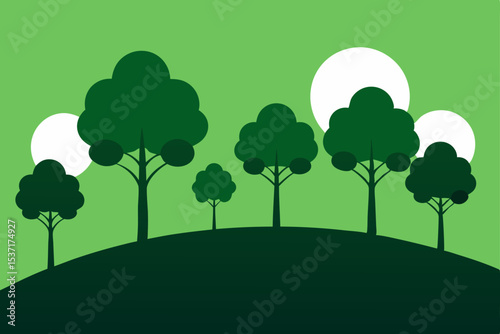 A vibrant cartoon illustration captures a serene summer landscape with lush green trees, a clear blue sky, and a sunny meadow
