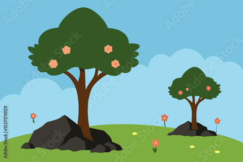 Summer landscape illustration of an apple tree in a field, with green grass and a clear sky, perfect for a garden or nature design