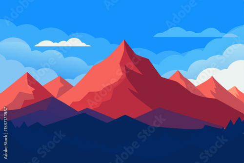 Vector illustration of a majestic mountain landscape at sunrise, with misty peaks and a serene sky