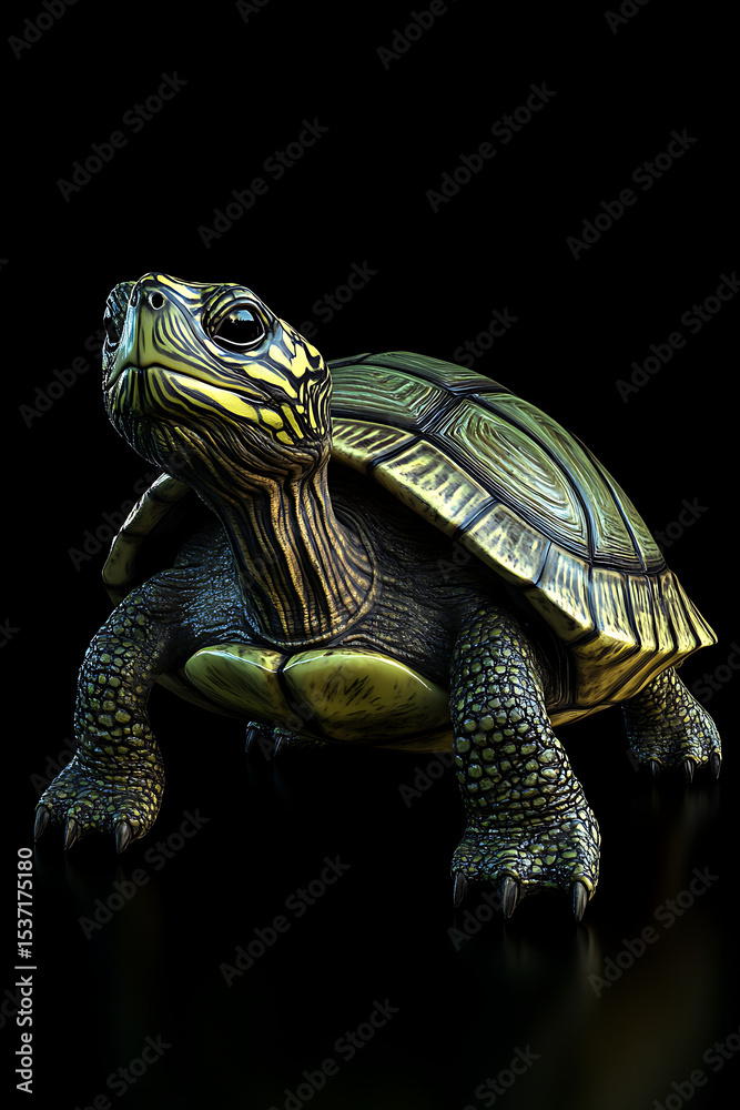 Fototapeta premium Realistic 3D turtle model showcasing intricate details and textures against a black background