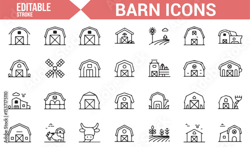 Editable Barn and Farm Icons for Agricultural, Livestock, and Rural Projects