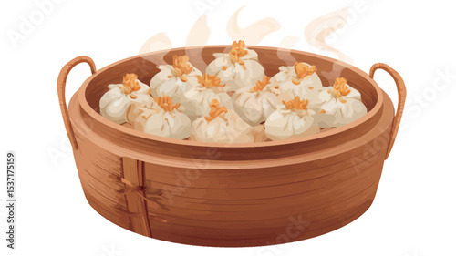 A high-angle, close-up shot of a round, light brown wooden steamer basket containing several freshly steamed shumai dumplings.  The shumai are light beige with visible orange shrimp filling and are