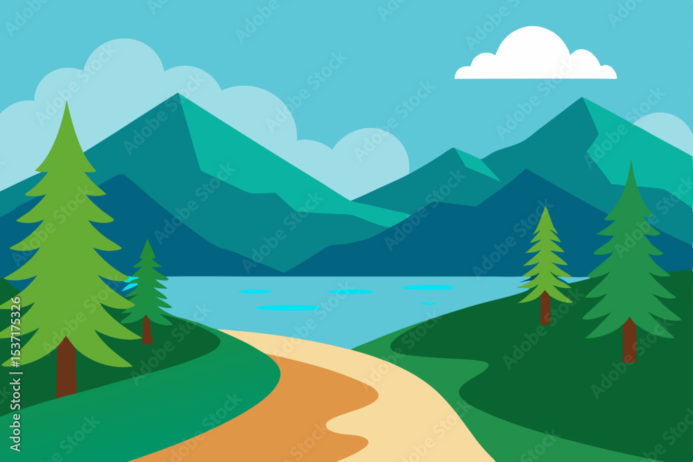 Fototapeta premium Winter mountain landscape vector illustration with snow-covered trees and a clear sky, perfect for a nature scene