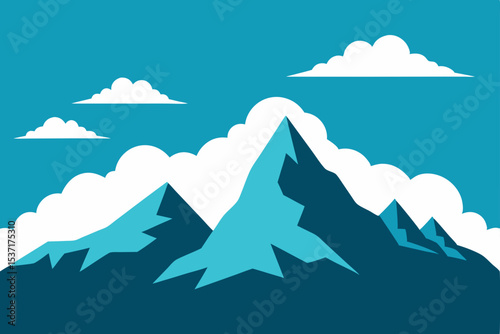 Mountain landscape vector illustration with snow-capped peaks, clouds, and a blue sky, perfect for nature and winter travel views