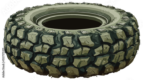 Close-up shot of a single off-road tire.  The tire is predominantly dark-green/olive with a prominent black tread pattern characterized by large, irregularly shaped blocks.  The tire is shown from